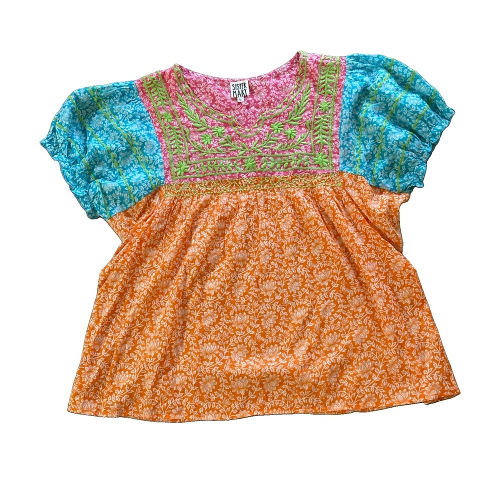 Sister Mary Mixed Print Embroidered Blouse Sz L Floral Cottagecore Pink Orange